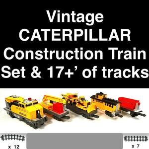 • • • Vintage CATERPILLAR Construction Train Toy Set & over 17' of Tracks!